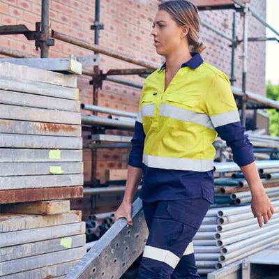 Bisley Womens Hi Vis Shirt Taped Stretch V Neck BLC6064T Yellow Navy Tradie Front View