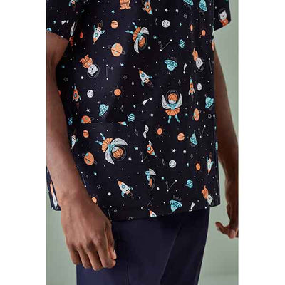 Biz Care Mens Scrub Top Space Party CST148MS Midnight Navy Close up side pocket
