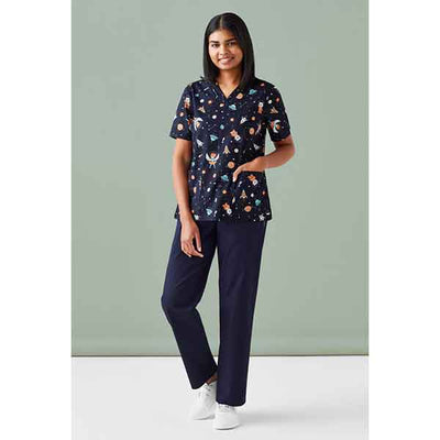 Biz Care Womens Scrub Top Space Party CST148LS Midnight Navy Full body