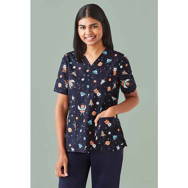 Biz Care Womens Scrub Top Space Party CST148LS Midnight Navy Full
